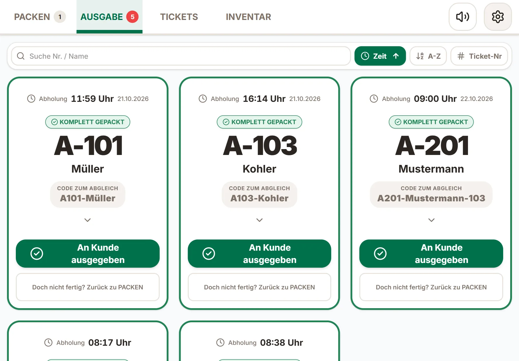 Tablet, Reiter Ausgabe: Karten mit Abholnummer, Name und Code zum Abgleich