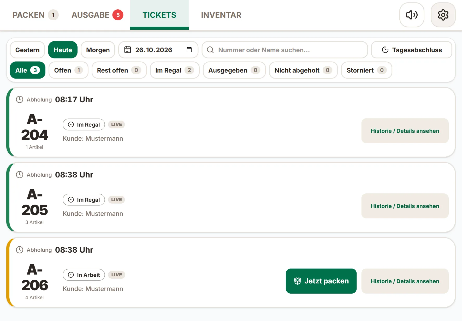 Tablet, Reiter Tickets: Liste der Bestellungen mit Status und Knopf Tagesabschluss